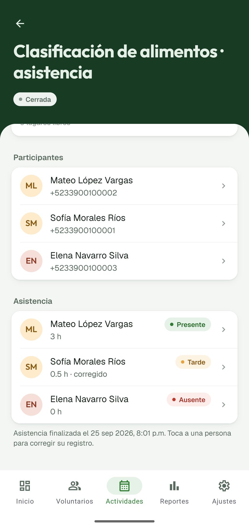 Finalised attendance, one record corrected by an admin